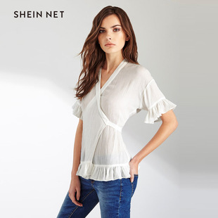 sheinnet2019夏季女装新款 性感深v时尚腰部绑带荷叶边开衫t恤女