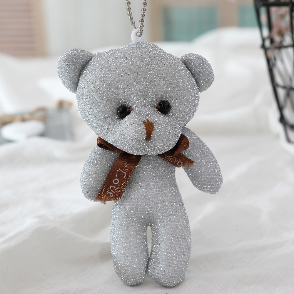 12.5cm Silver Silk One-Piece Bear Plush Toy Wedding Accessories Doll Bear Toy Small Gift Keychain Pendant