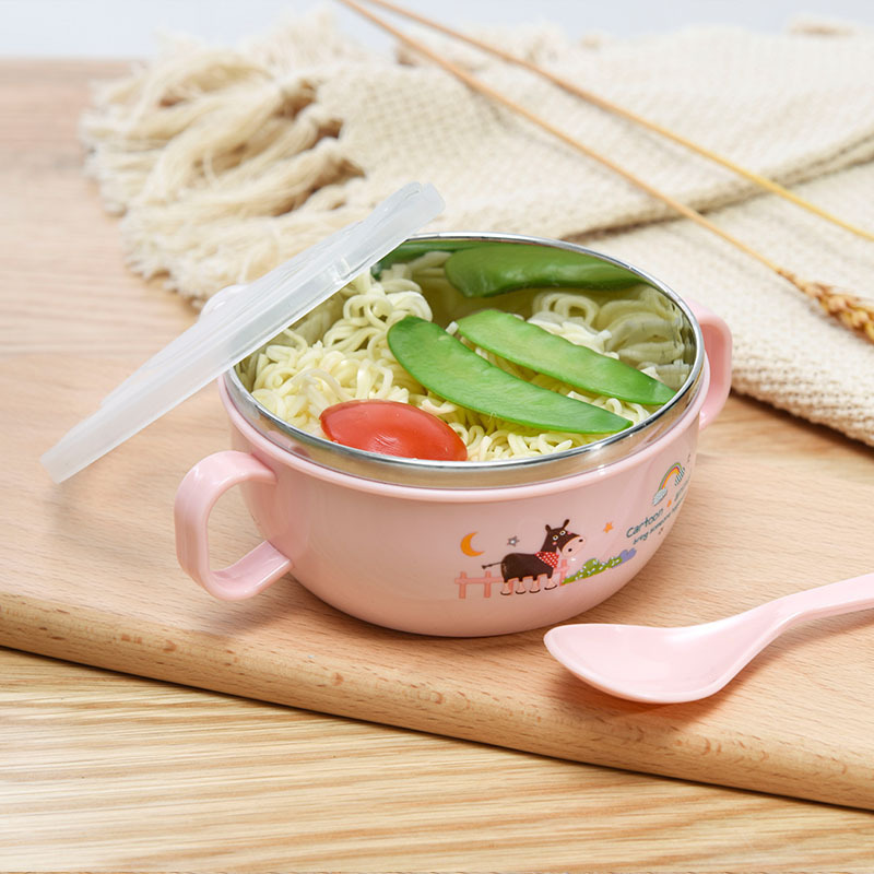 New Stainless Steel Children's Bowl Cartoon Double Handle with Lid Spoon Rice Bowl Baby Food Supplement Tableware Children Drop-Proof and Hot-Proof