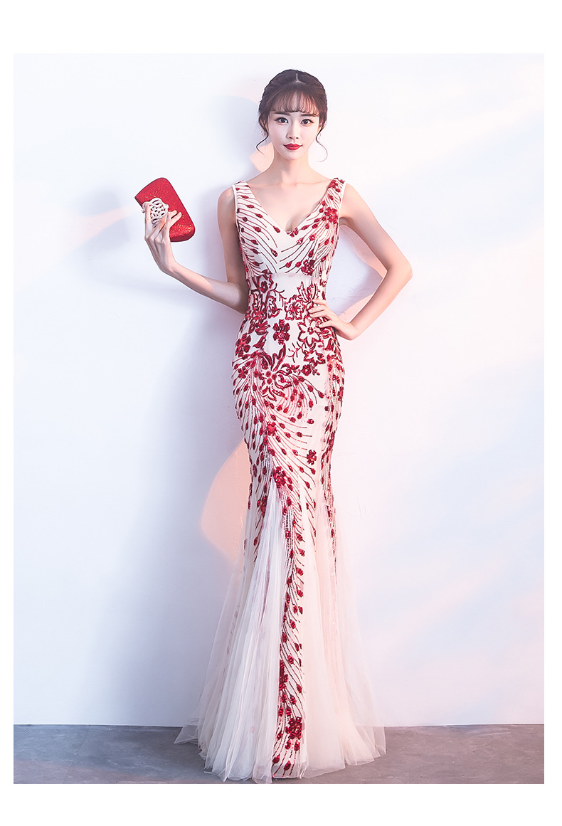 婚纱晚礼服高贵新娘敬酒服深v领露背绣花包臀鱼尾长连衣裙主持人