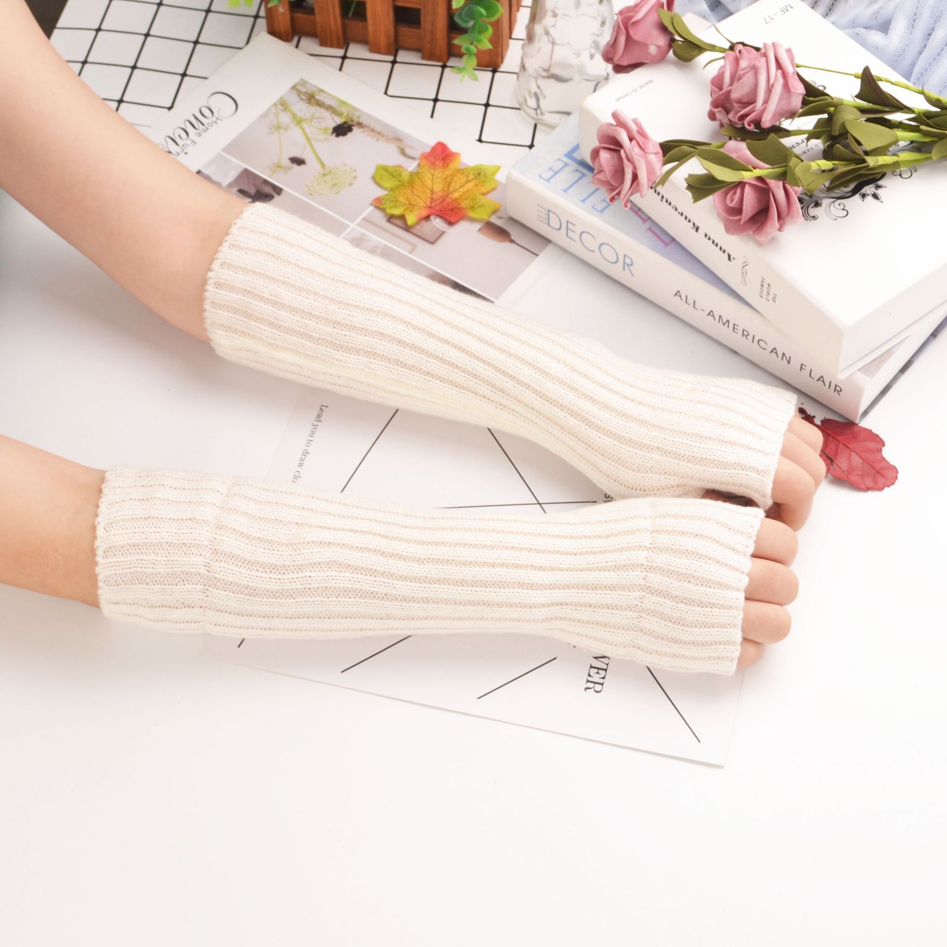 Spring and Autumn Outdoor Sun Protection Korean Style Solid Color Ins Fluorescent Personalized Mid-Length Oversleeve Knitted Plain Stitch Arm Sleeve