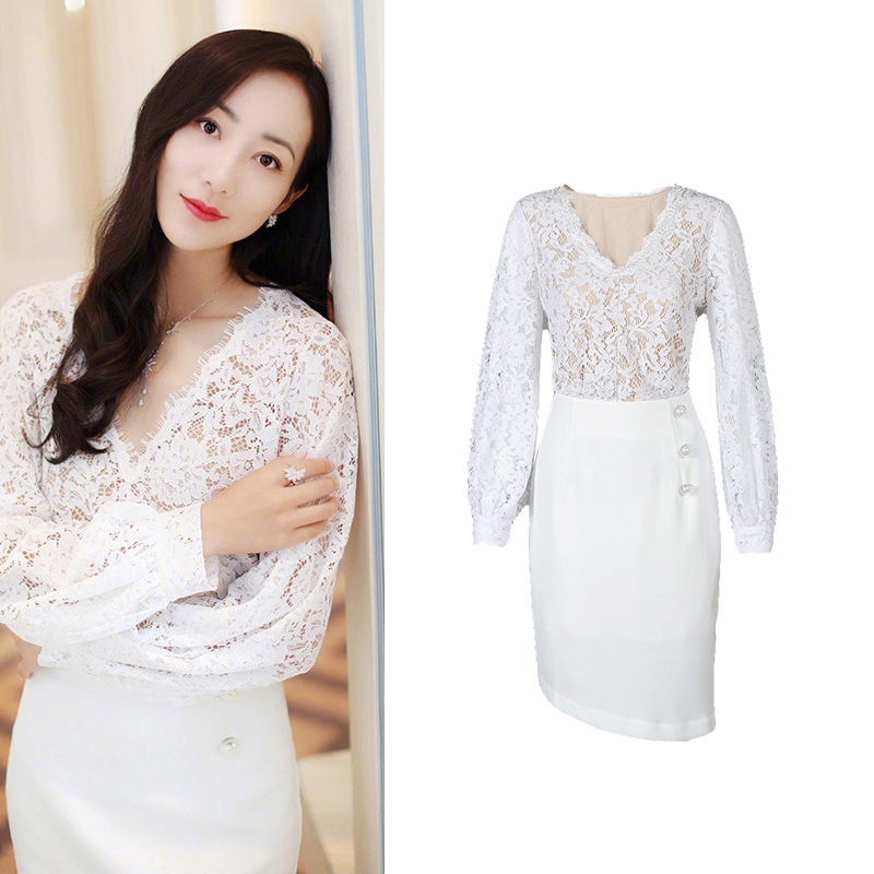 秋季明星同款韩雪白色蕾丝透视小心机v领上衣 收腰半身裙套装批发