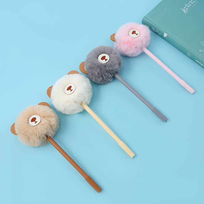 Korean Stationery Creative Cartoon Little Bear Fur Ball Pen Plush Cute Ball Pen Warm Cute Baby Gel Pen Wholesale