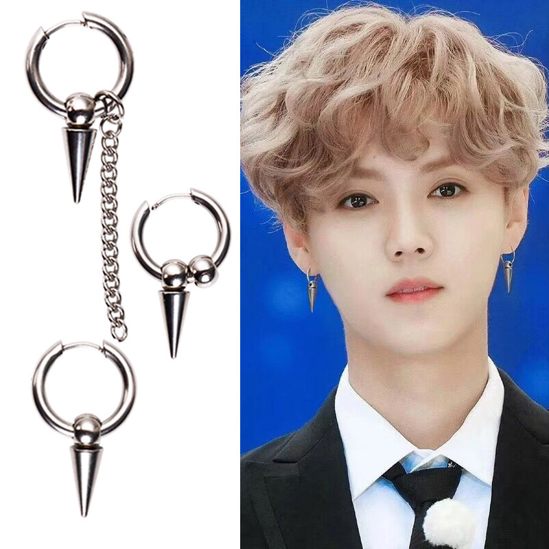 鹿晗同款嘻哈不锈钢摇滚朋克风耳环钛钢耳圈链条单尖新款男士耳钉