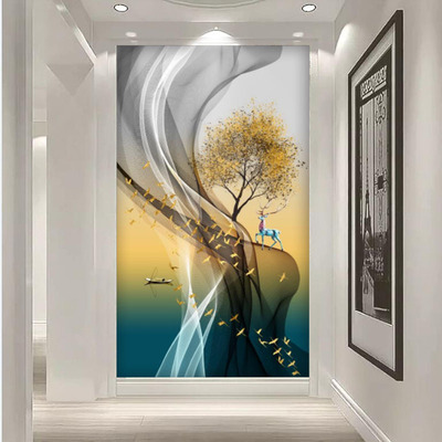 玄关背景墙壁纸轻奢走廊过道竖版山水墙纸进门墙8d立体麋鹿壁纸