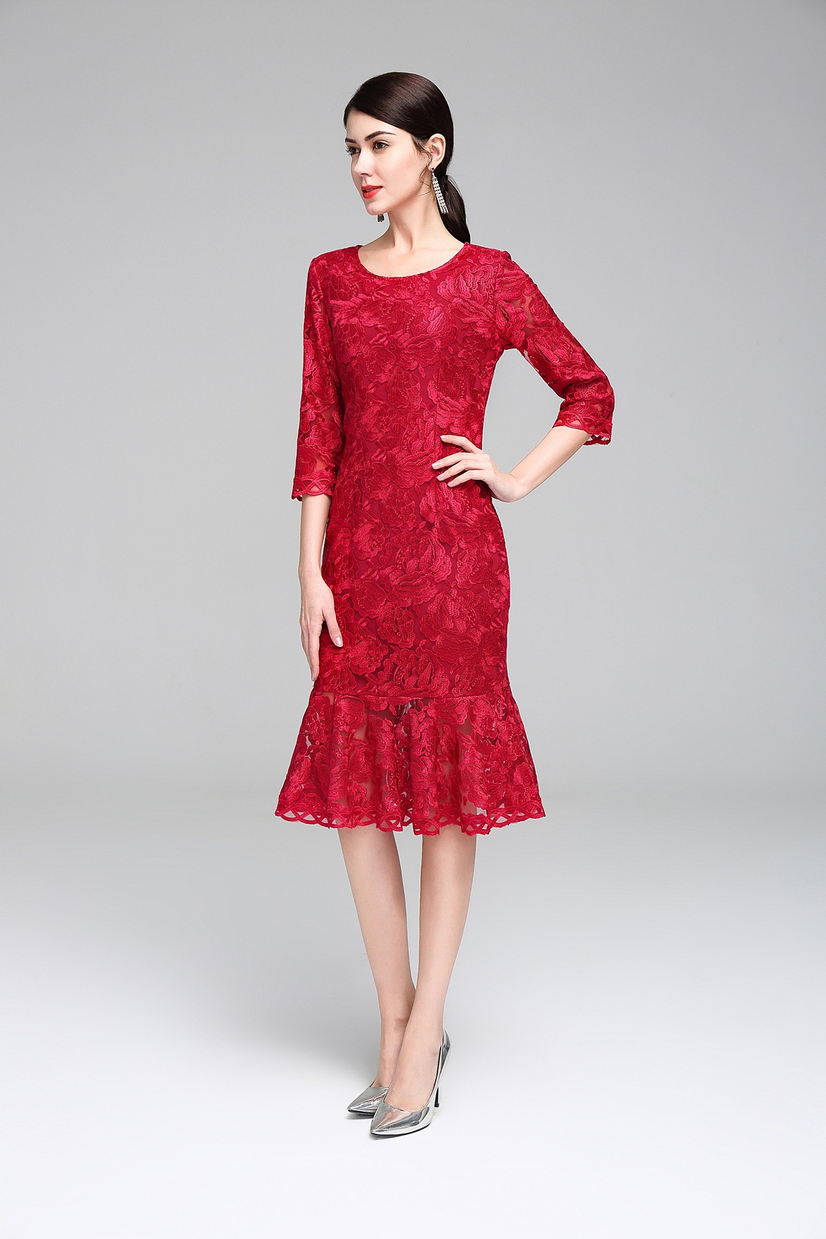 2019春夏新款时尚修身显瘦盘花鱼尾裙摆名媛气质连衣裙一件代发