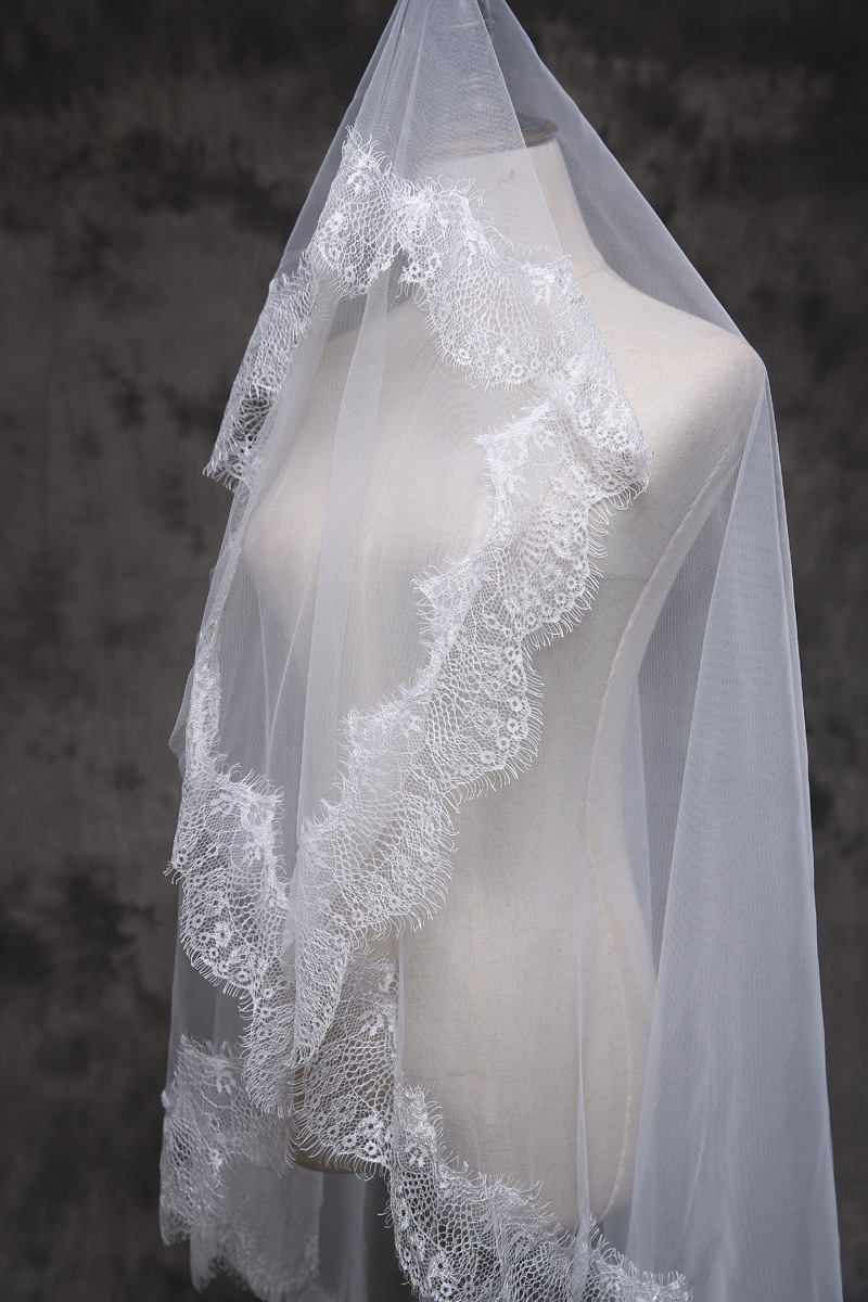 2019新款新娘头纱拍照森系梦幻抖音旅拍主婚纱蕾丝花边软纱褶皱纱