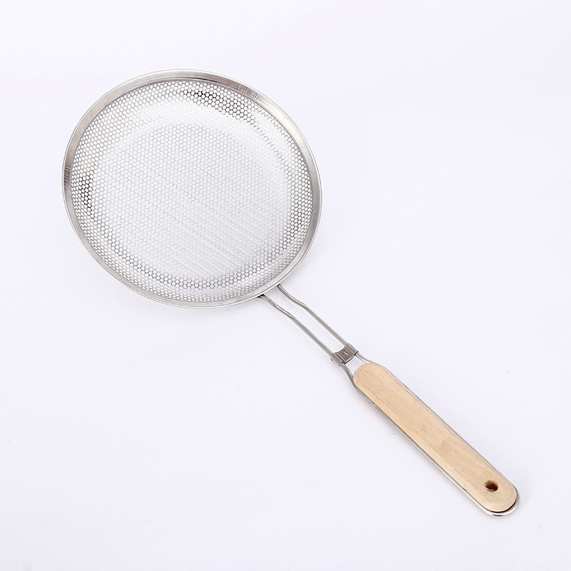 Kitchen Tools Stainless Steel Mesh Punching Colander Wooden Handle Line Leakage Filter Colander Wooden Handle Punching Oil Grid