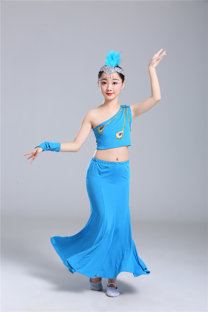 傣族舞蹈服女童孔雀舞表演服女孩民族舞蹈演出服少儿鱼尾裙练功服