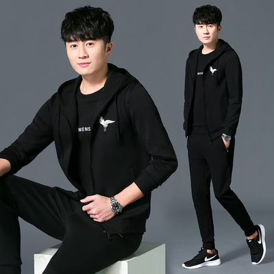 运动服套装男春季新款开衫连帽跑步男士韩版潮流休闲运动装三件套