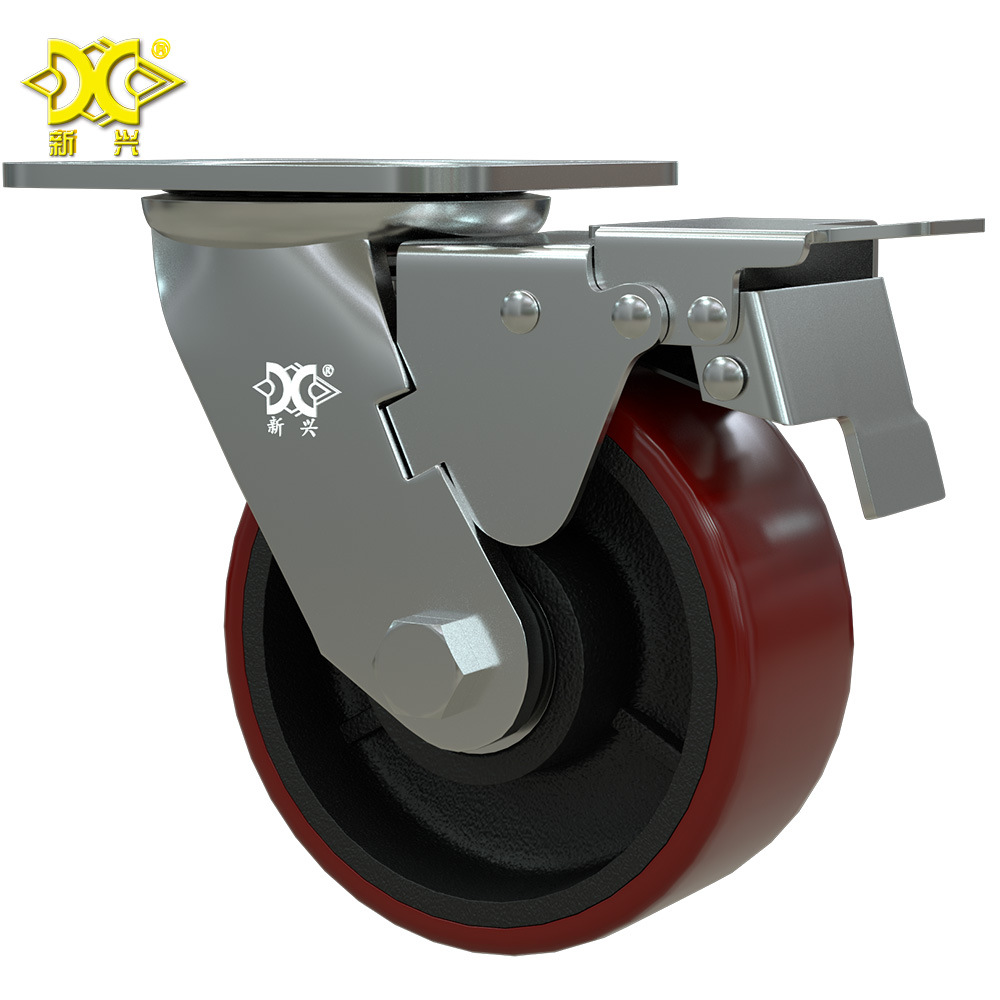重型5寸铸铁pu(聚氨酯)脚轮 万向轮 可调节刹车 仓储笼物流车轮