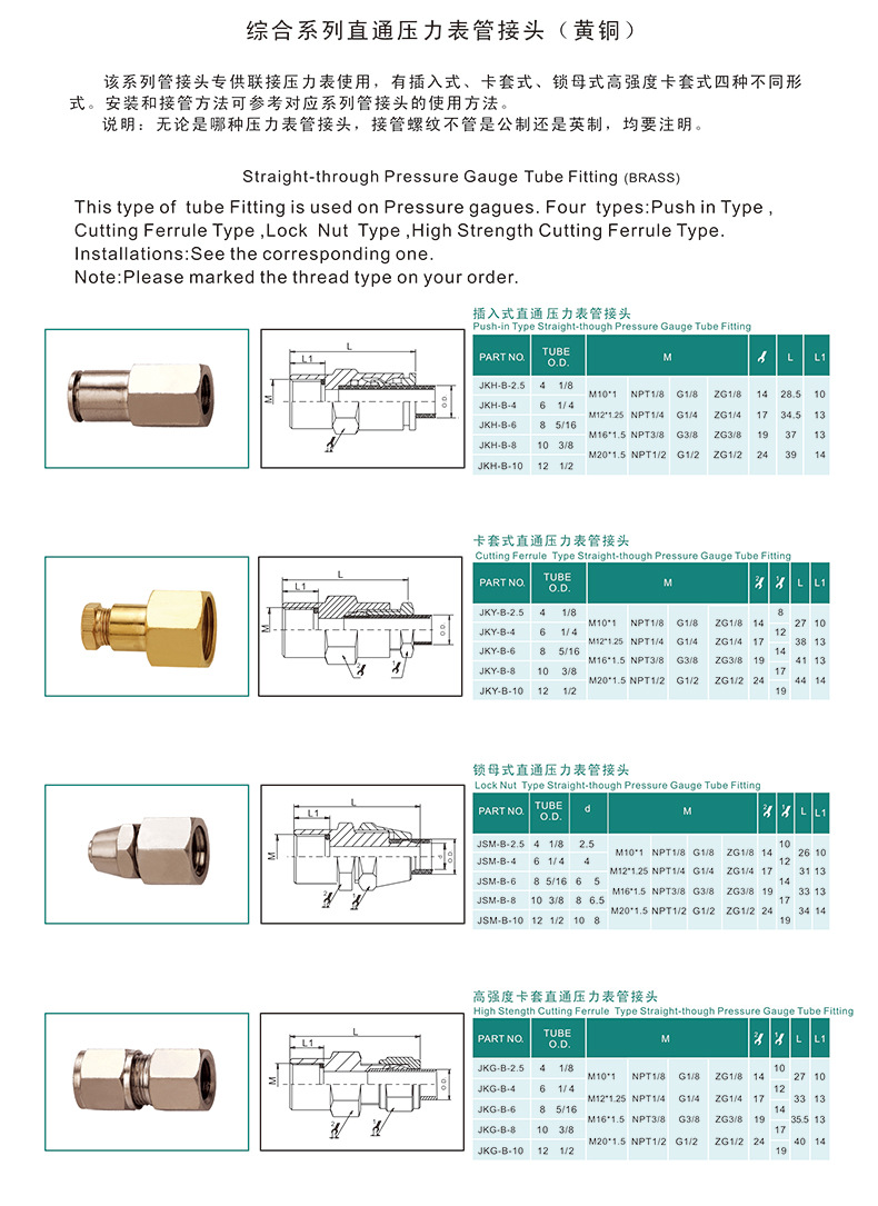 综合系列jky-b卡套式直通压力表管接头(黄铜)联接压力表专用-液压管