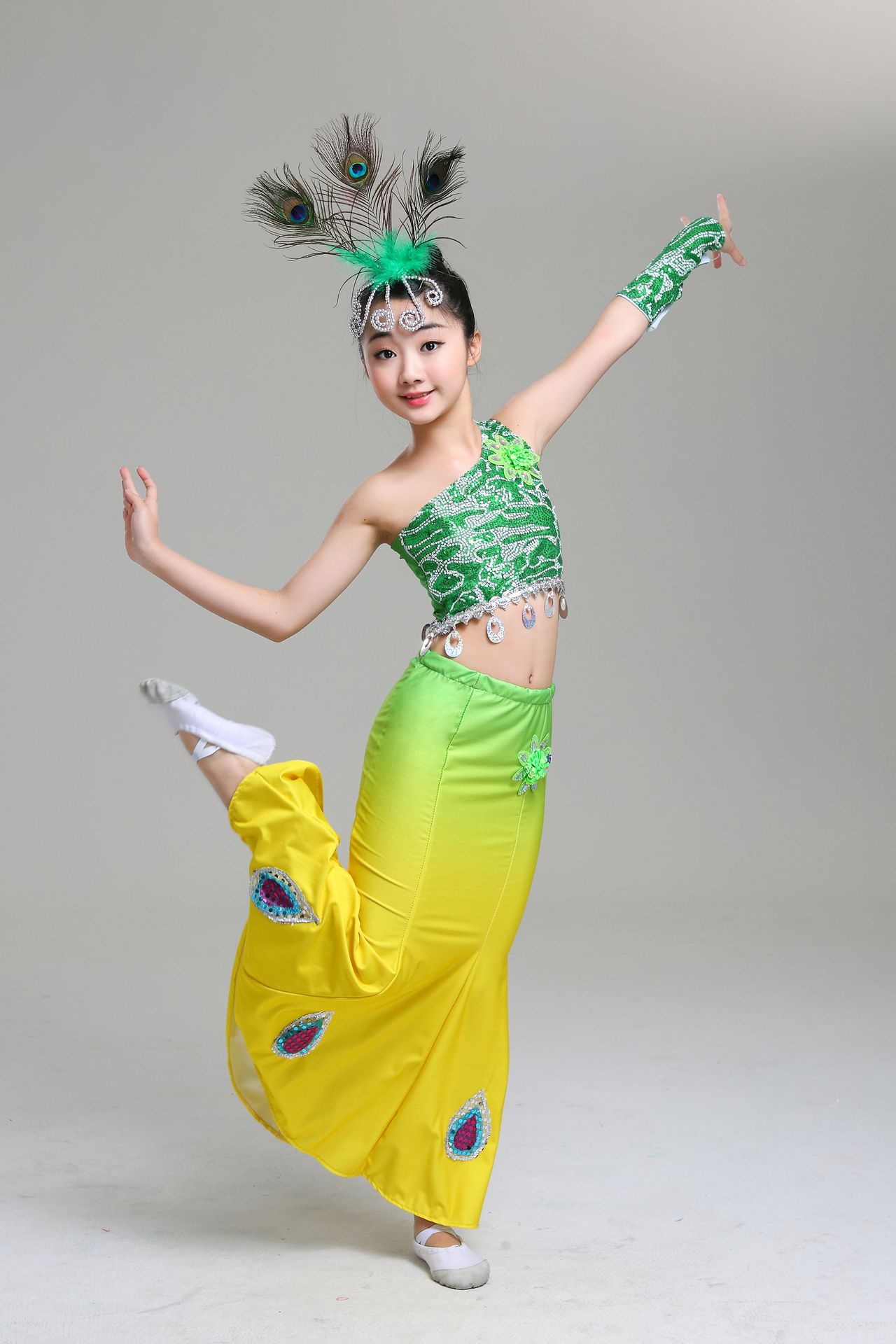 傣族儿童舞蹈服孔雀舞演出服弹力渐变包臀鱼尾裙艺考练功服傣族女