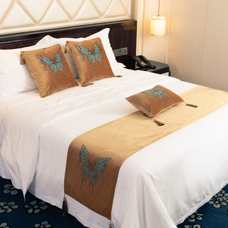 新款高档加厚加密不倒绒烫钻蝴蝶床旗 酒店宾馆民宿床尾巾