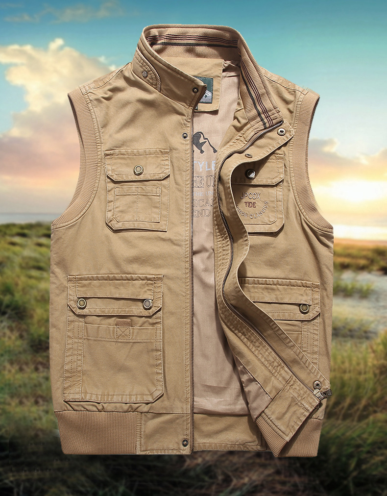 秋季摄影马甲男薄款背心春秋军装无袖夹克大码多口袋马夹工装外套