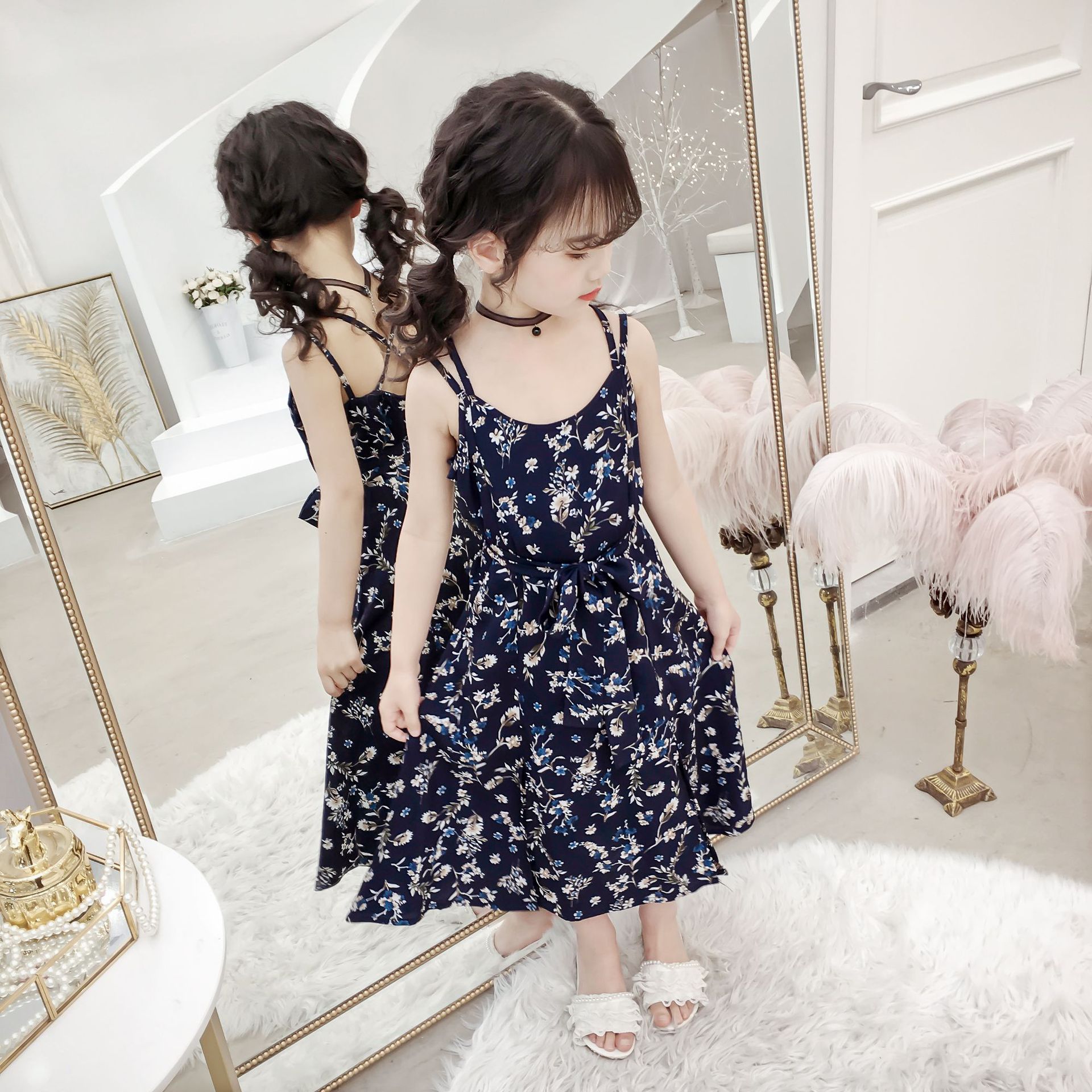 女童连衣裙小女孩碎花雪纺吊带裙幼儿园小学生夏天薄款长款裙子