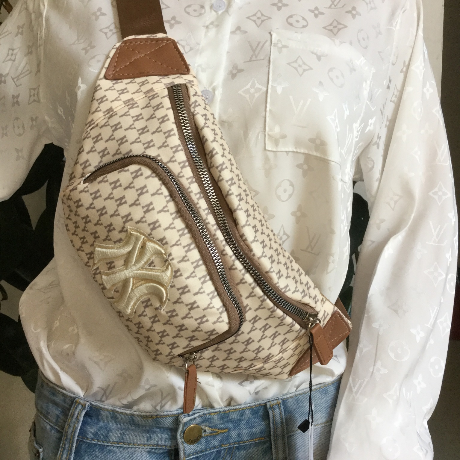 包包女2019新款ny腰包洋基队mlb爆款胸包抖音网红同款老花斜挎包