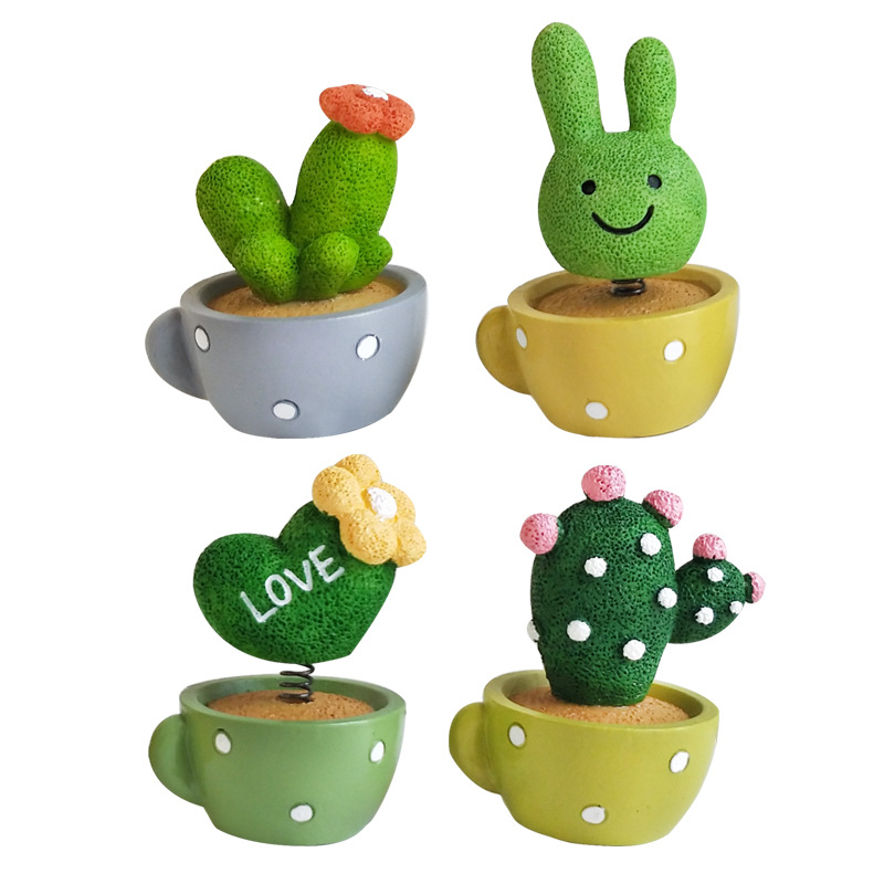 Cute Shaking Head Spring Car Decoration Animal Cactus Small Pot Plant Resin Decorations Cake Baking Decorations