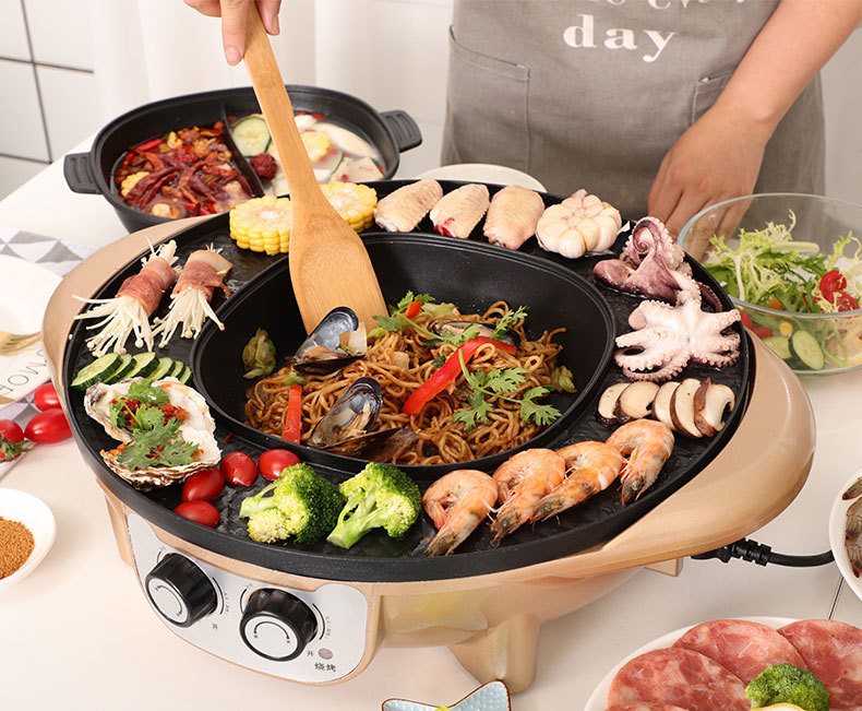 迈扣 韩式涮烤一体锅无烟不粘多功能电烤锅圆形电烤盘家用火锅