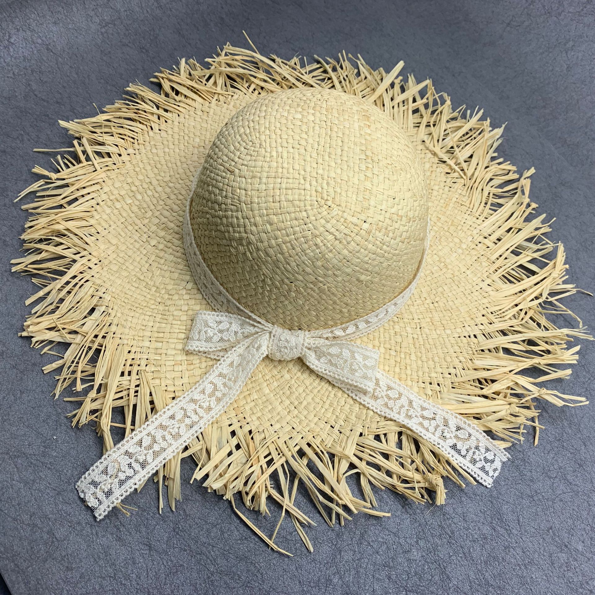 拉菲草编织太阳帽日韩版男女童帽宽边宝宝草帽儿童帽子手工帽遮阳