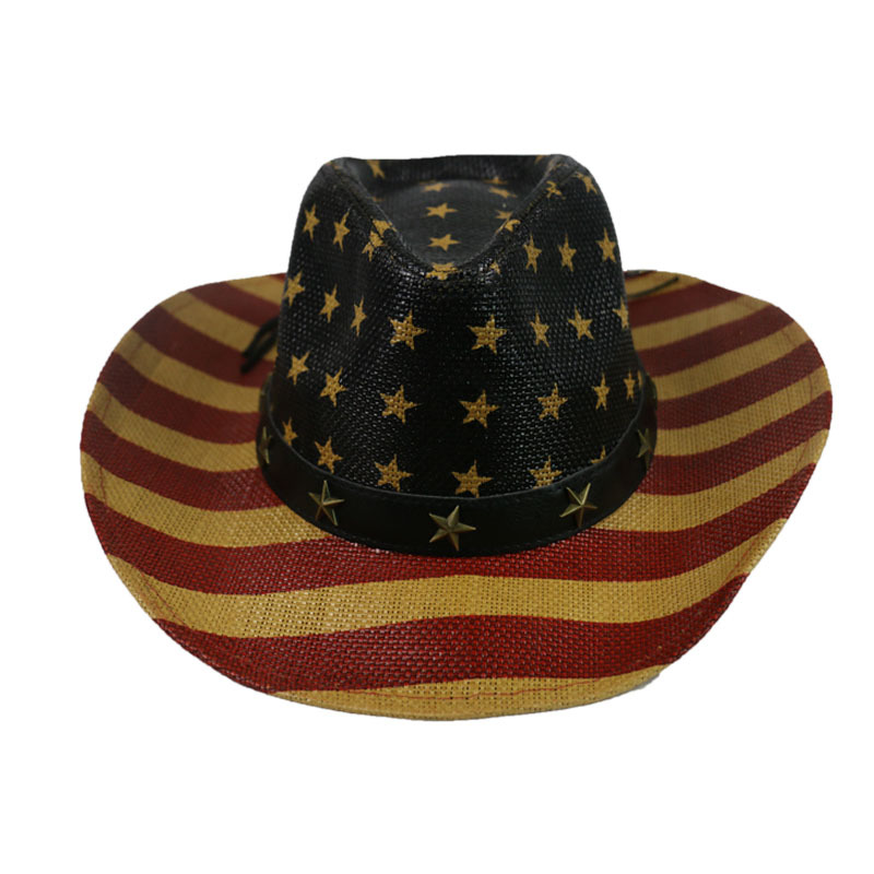 亚马逊欧美男士西部牛仔帽巴拿马美国国旗草帽户外大檐遮阳帽草帽