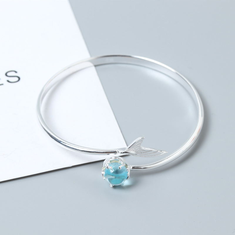 s990足银手镯女 时尚人鱼的眼泪纯银手镯 s925银戒指 一件代发