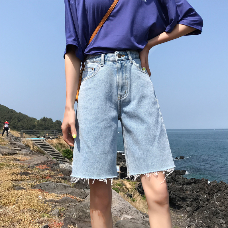 2019夏季新款港风高腰半截撕边牛仔中裤韩版学生宽松五分直筒裤女