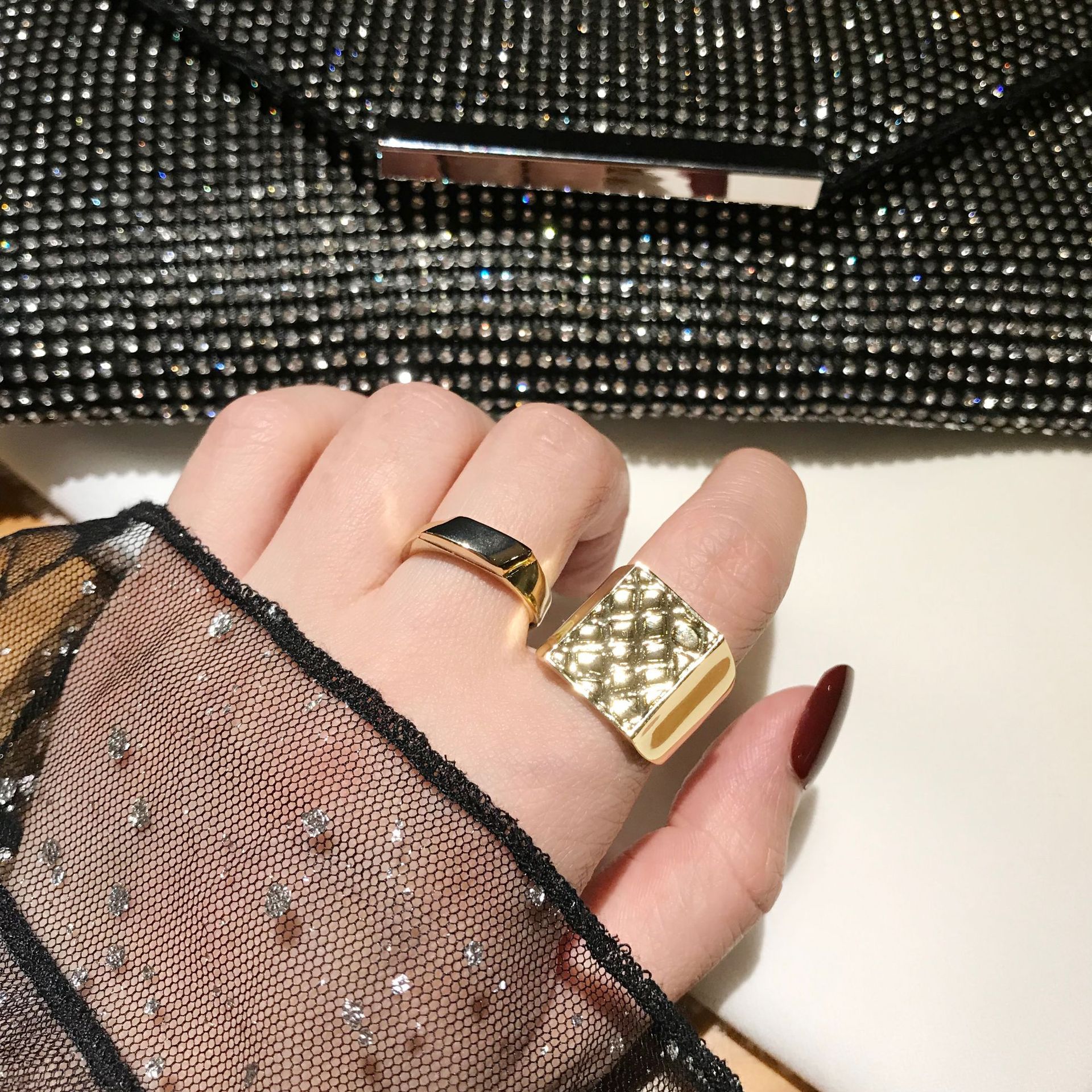 网红个性大牌复古金属几何戒指女欧美夸张冷淡风宽面时髦食指指环