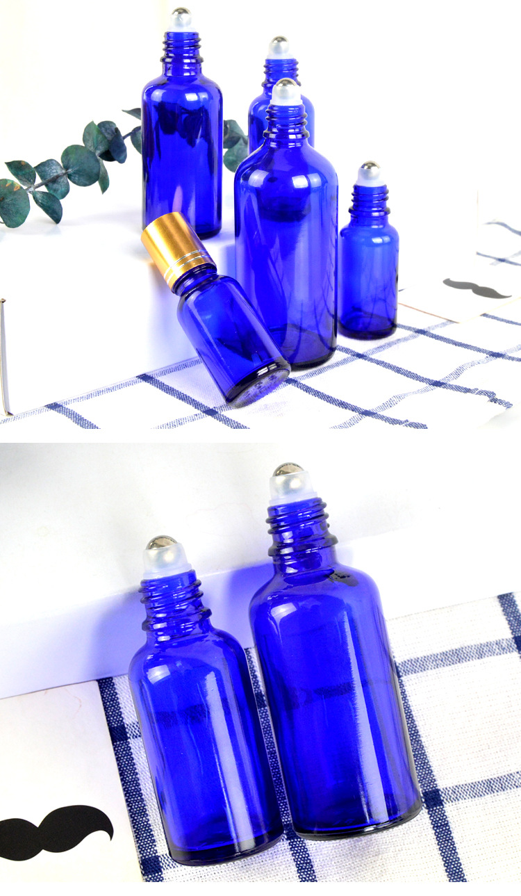 厂家直销蓝色玻璃滚珠瓶玻璃走珠瓶精油分装瓶滚珠瓶小精油瓶