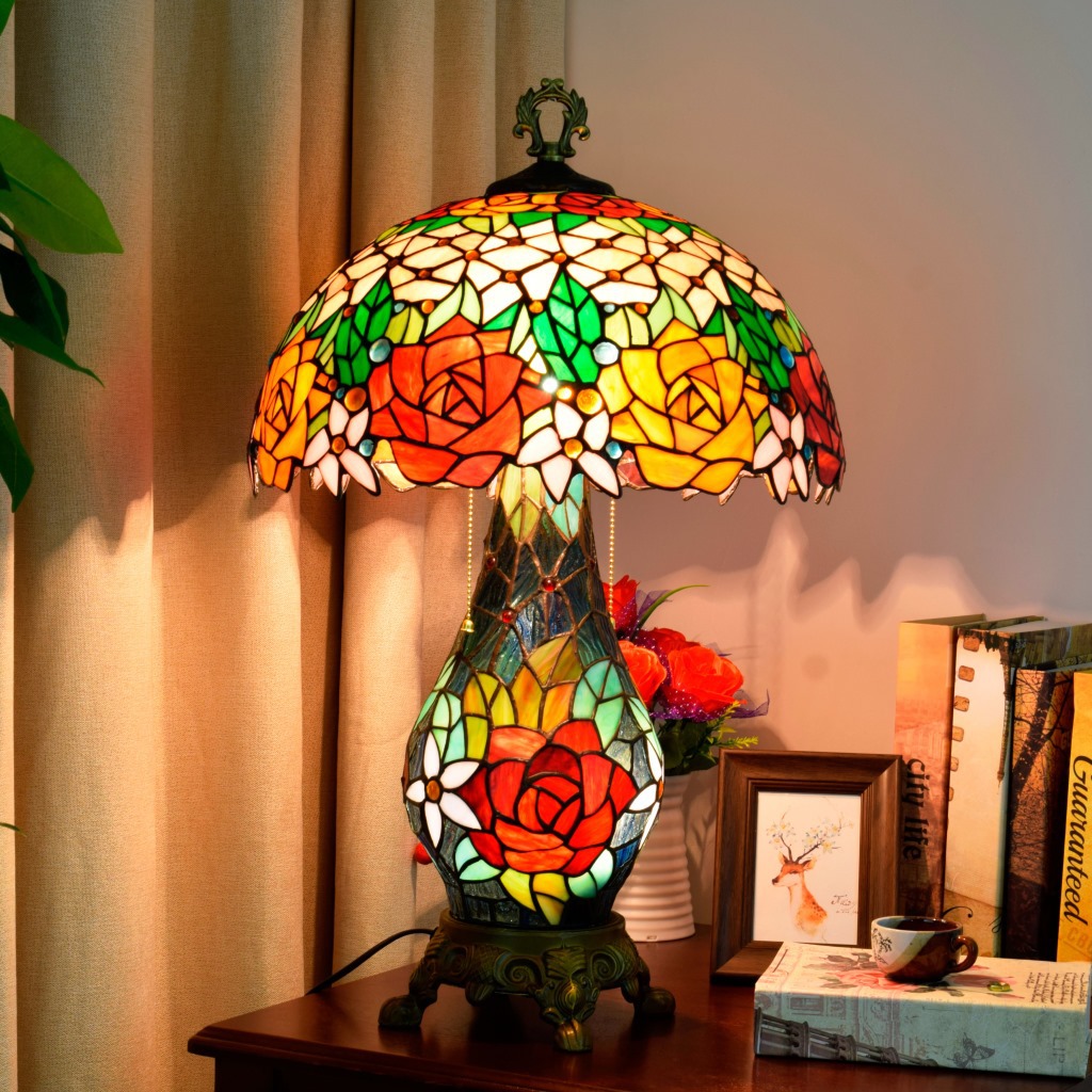 美式玫瑰花田园复古子母台灯客厅餐厅卧室欧琈创意手工琉璃灯饰