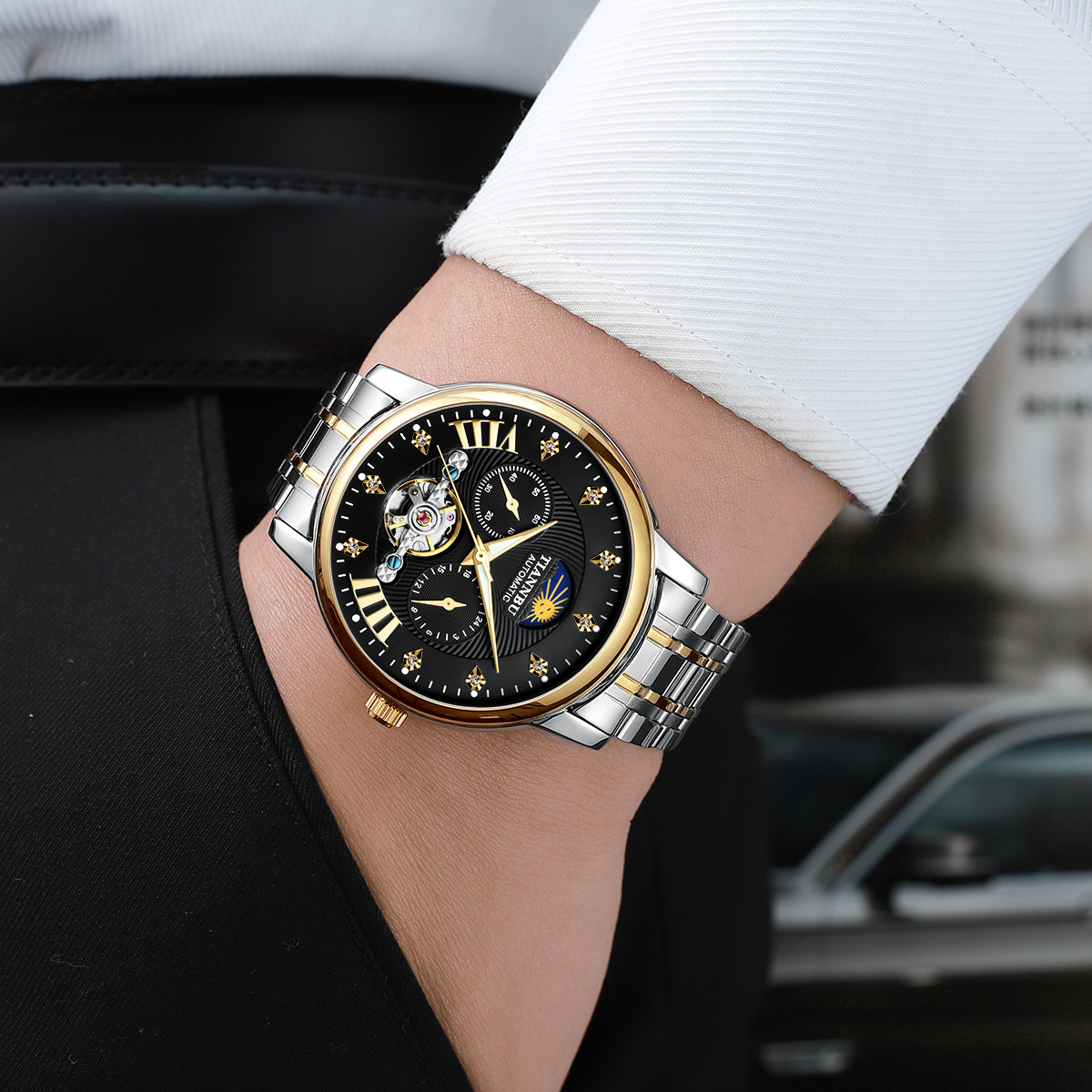 tiannbu天博正品全自动机械男士手表商务经典镂空透底时尚潮男表