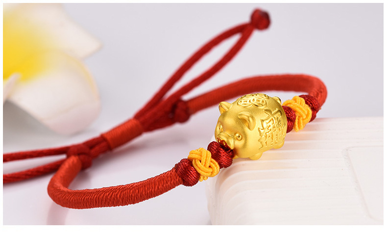 999足银diy招财小金猪红绳手链3d硬银生肖猪本命年转运珠手串女