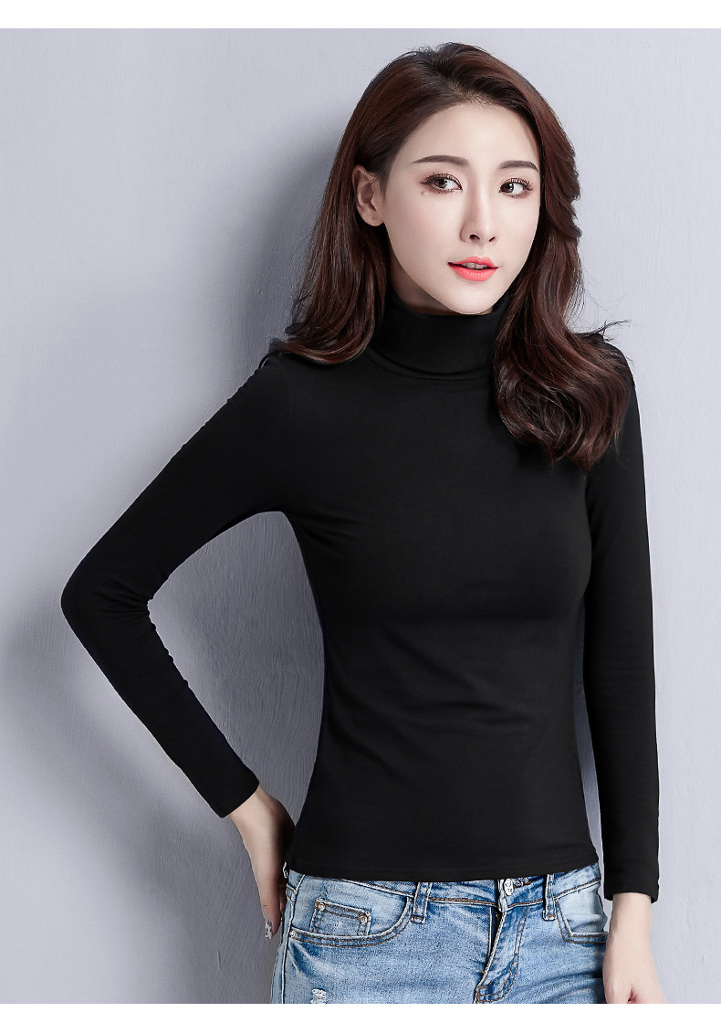 纯棉堆堆领紧身黑色打底衫女长袖t恤2019洋气潮秋冬装半高领秋衣