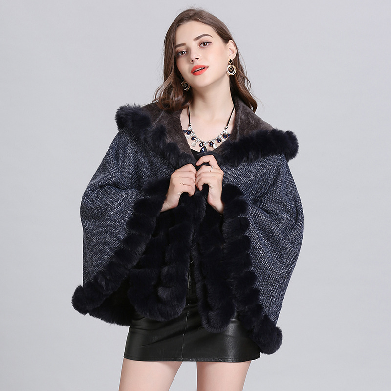 2021 European and American New Imitation Fox Fur Collar Velvet Hooded Knit Cardigan Shawl Female Cape and Shawl 1505#