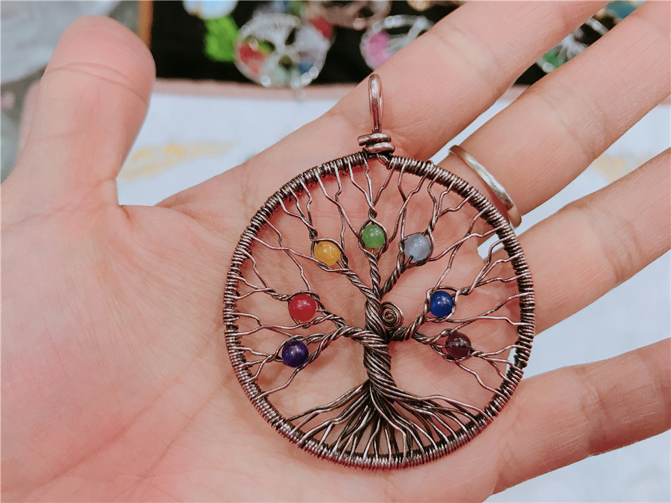 life tree 天然石水晶碎石原石项链 手工绕线古铜生命树吊坠 wish