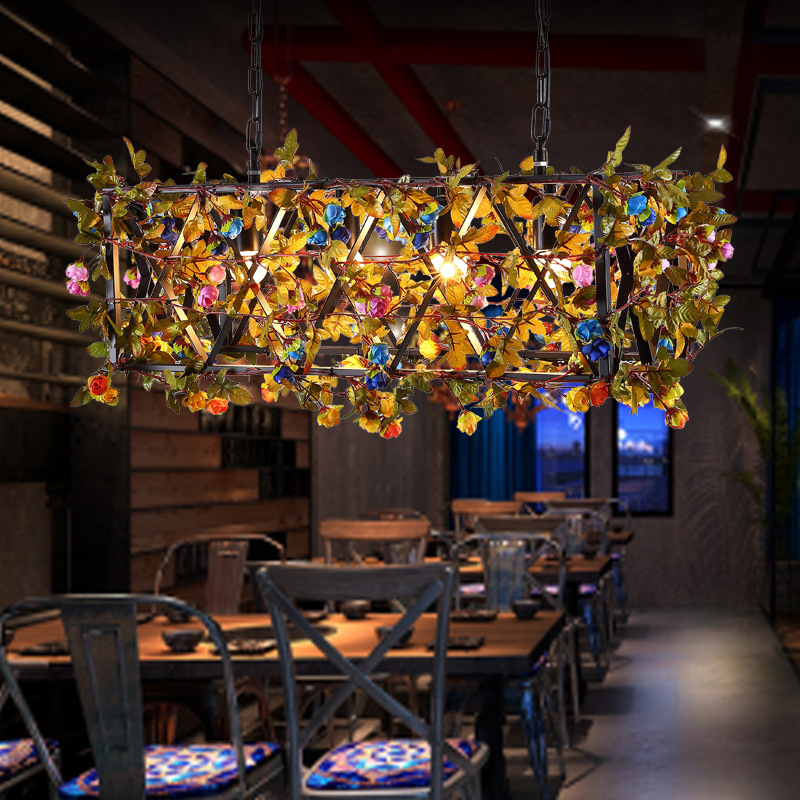 繁花酒吧吊灯长方形吧台吊灯植物装饰吊灯网红店铺音乐餐厅酒馆灯
