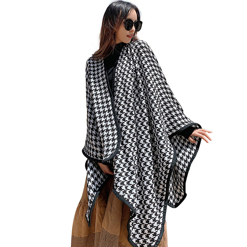 Women's Cashmere-like Split Scarf Large Cape Summer Office Black and White Houndstooth Shawl Sun Protection Keeping Warm Dual-Use