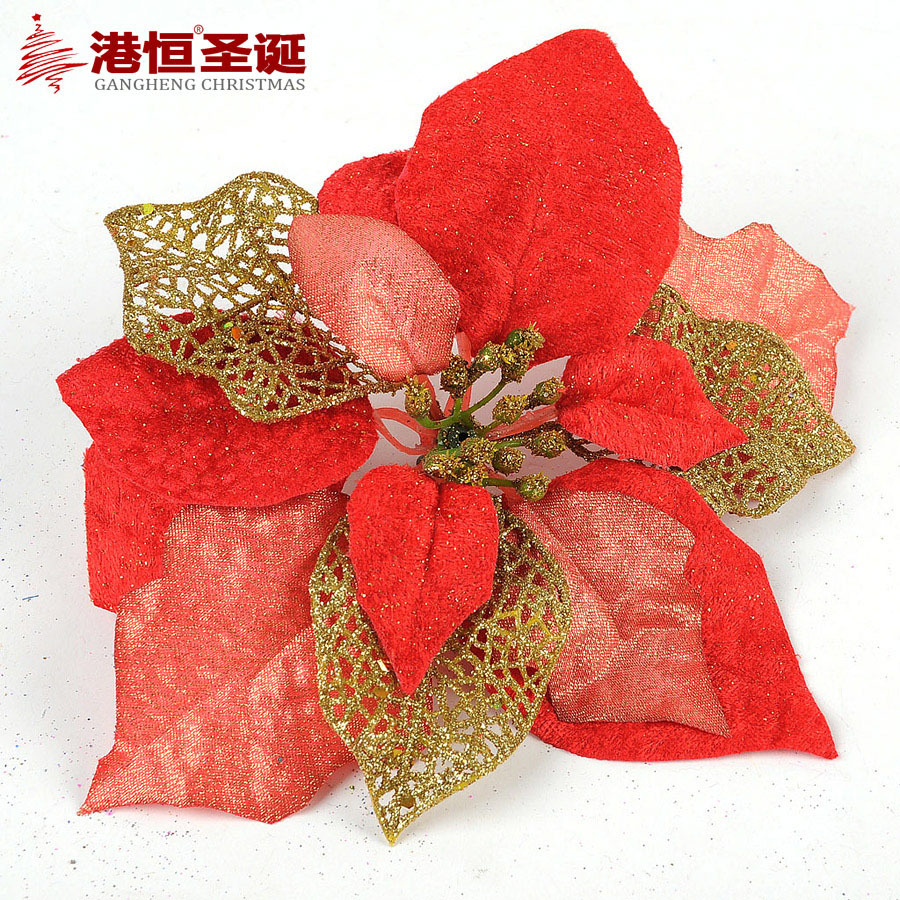 20cm Multi-Layer Simulation Christmas Flower Hollow Fabric Sticky Gold Powder Fake Flower Christmas Rattan Decorative Christmas Flower