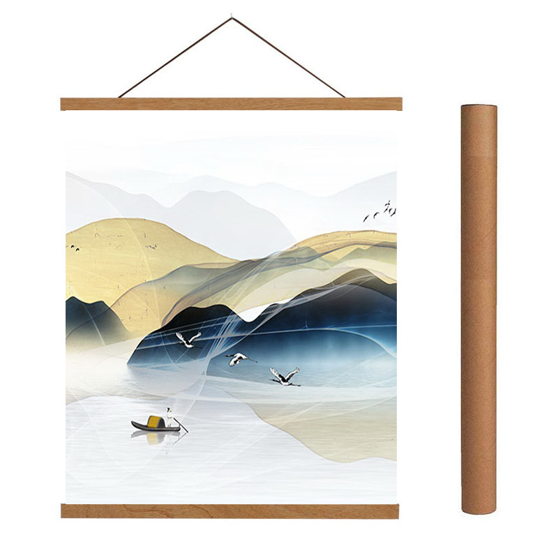 厂家直销 现代中式水墨实木挂轴画 玄关喷绘山水画50cm磁性挂轴