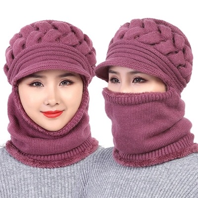 中老年帽子女秋冬毛线连体帽一体围巾女冬季保暖冬天老人帽妈妈帽
