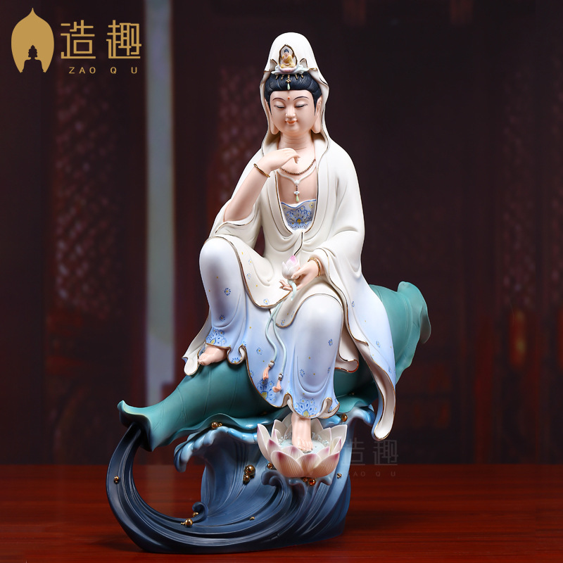 梵趣德化陶瓷彩绘净瓶自在观音居家供奉观音菩萨摆件自在观音菩萨