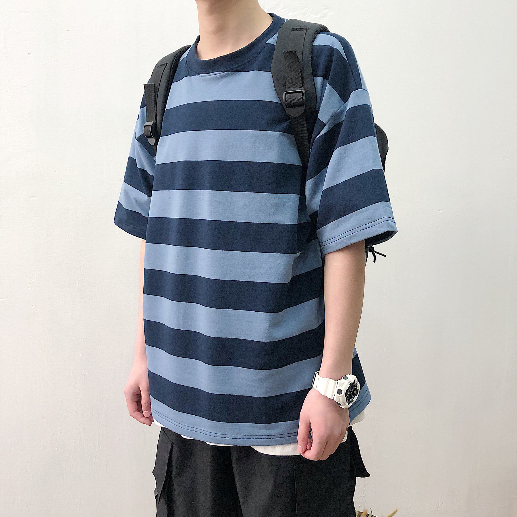 条纹t恤男短袖蓝白港风宽松半袖2019新款网红潮牌ins衣服黑白体桖