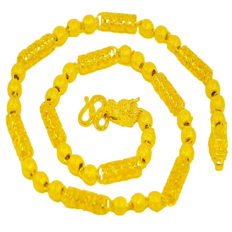 网红同款黄铜电镀24k金男士金六角筒项链越南沙金项链男金佛珠链