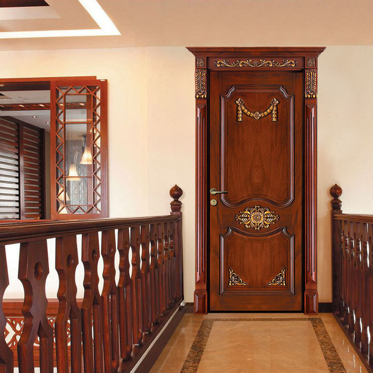 工厂直销红胡桃原木门欧式雕花豪华别墅门带冒头室内门可定制