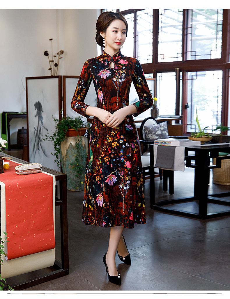 春季改良旗袍女中长款2019新款春秋装长袖复古旗袍式连衣裙中国风