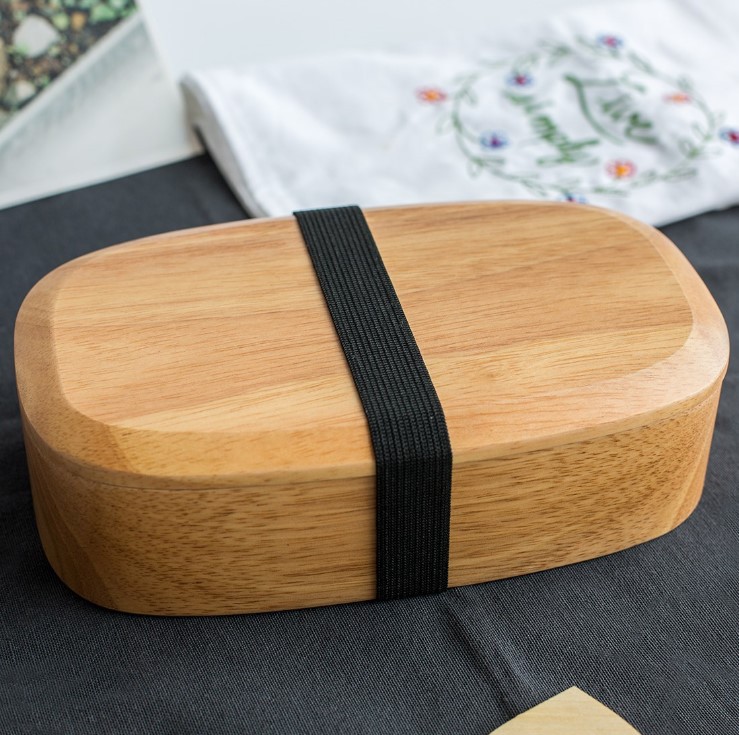 天然橡木质日式餐具饭盒环保便当盒 单层木质饭盒餐椭圆厨房用品