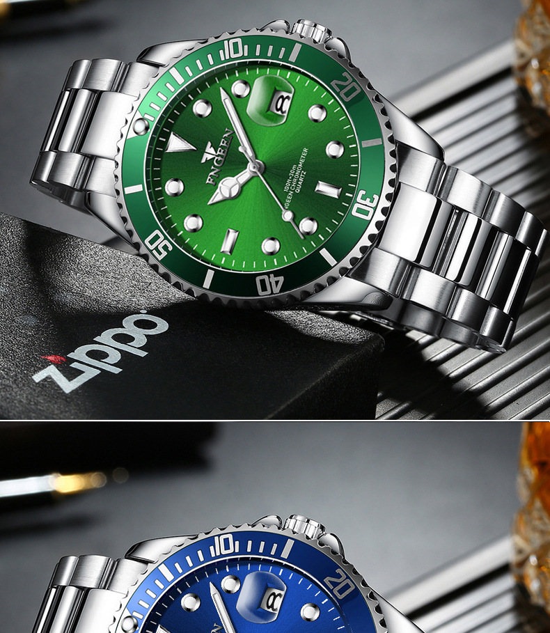 芬尊fngeen夜光绿水鬼手表男士石英表运动风精钢带日历表外贸新款