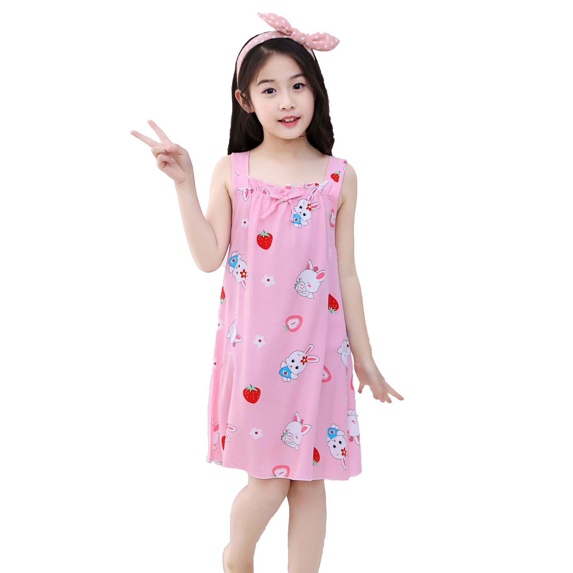 新款夏季儿童卡通睡裙小女孩吊带公主连衣裙中大女童棉绸睡衣代发