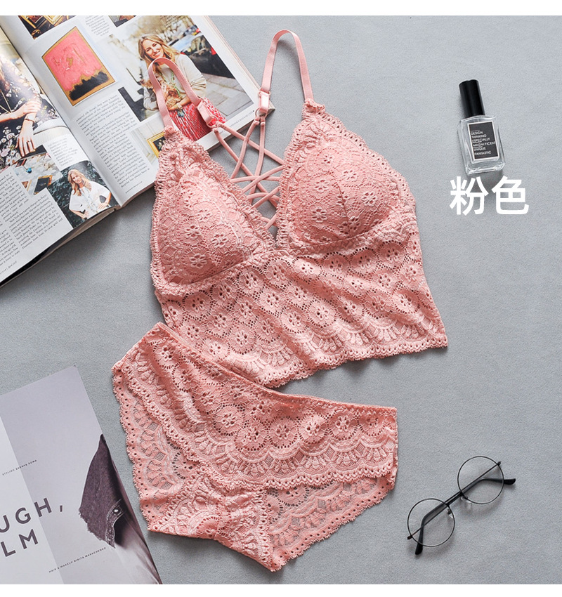 跨境前交叉聚拢性感蕾丝裹胸内裤内衣套装美背打底抹胸吊带背心
