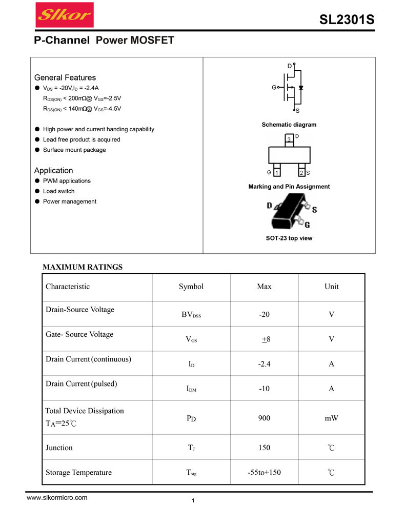 萨科微 sl2301电压-20v电流-2.8a电阻-100欧 mos管mosfet场效应管